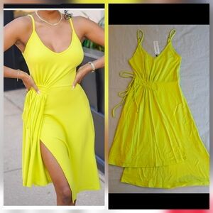 The Drop Sulphur Spring Strappy Dress XS Neon Yellow Asymmetric Hem Cotton Modal